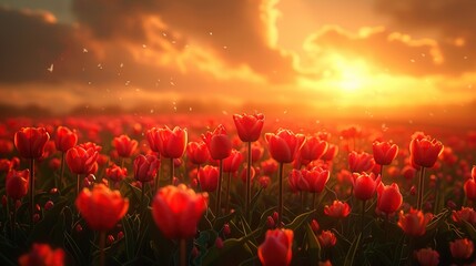 Tulips in the Countryside Field Blowing with the Seasonal Breeze