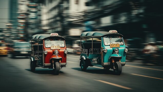 Two colorful tuk-tuks on a busy street