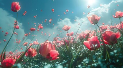 Fresh Spring Tulips in a Field Dancing Under the Morning Breeze