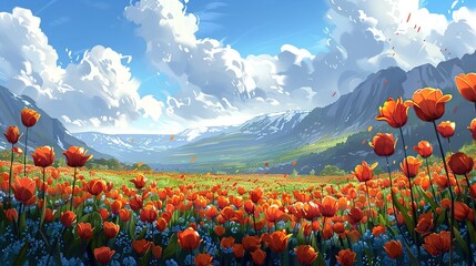 Peaceful Field of Tulips Flowing with the Movement of the Wind
