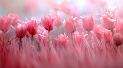 Tulips in Bloom Gracefully Blowing in the Gentle Spring Breeze