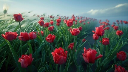 Vibrant Tulips Gently Moving in the Breeze of a Flower Field