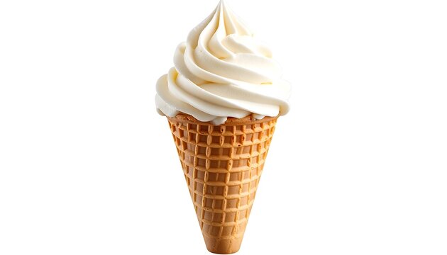 Delicious vanilla soft serve ice cream cone on a pure white backdrop