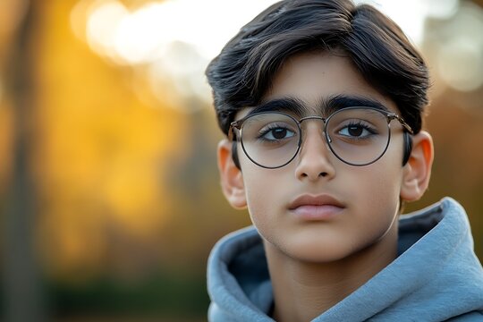 A young boy wearing eyeglasses and a hoodie looking at the camera with a serious expression, outdoors