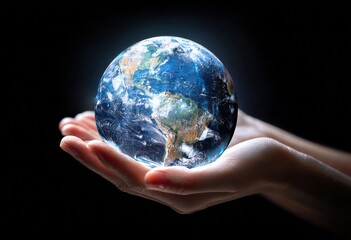Earth globe is glowing between two open hands on a black background, symbolizing environmental protection and care