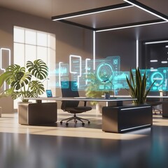 Fototapeta premium Futuristic workspace in 2027 with holographic displays, ergonomic furniture, vibrant plants, soft natural light, square format, full depth of field, commercial-ready.