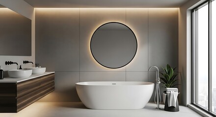 Modern Minimalist Bathroom with Freestanding Bathtub and Large Window