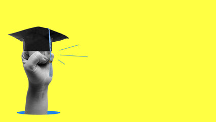Human hand raised an arm to the air with graduation caps on it with a colored background. Collage art of Graduation