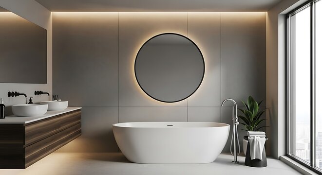 Modern Minimalist Bathroom with Freestanding Bathtub and Large Window