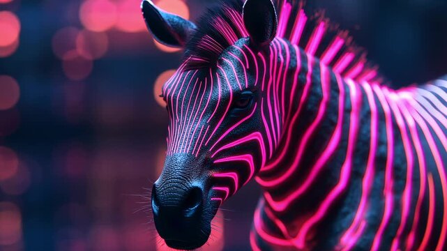 Majestic zebra with glowing pink stripes in dreamlike ambiance