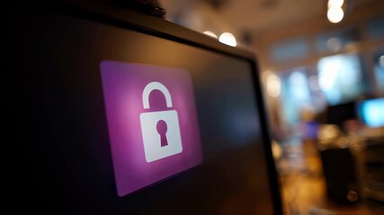 Focused medium shot of a digital lock icon on a computer screen symbolizing vulnerability fix background office setup softly blurred to attract attention. - Powered by Adobe