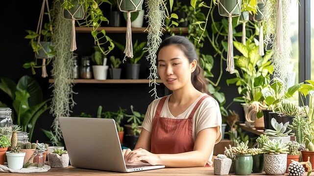 Woman types on laptop amid shelves  surfaces filled with potted succulents cacti  hanging plants in a garden or shop setting
