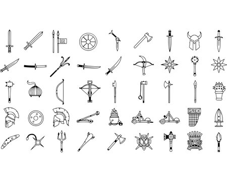Collection of hand-drawn symbols and icons featuring medieval weapons fantasy creatures and abstract designs