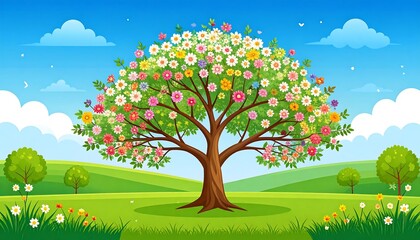 Colorful flower-covered tree in a spring landscape