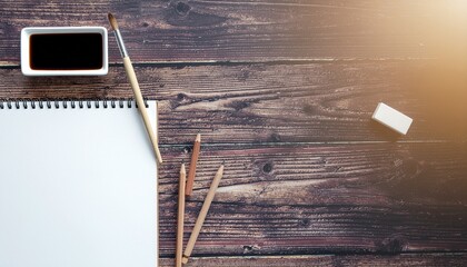 Overhead view of art supplies including a blank sketchbook paintbrushes and a small container of black ink on a rustic wooden table with warm sunlight