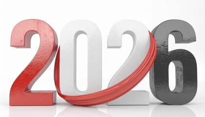 Bold three dimensional numbers representing the year 2026 in striking red white and grey colors against a clean white background with subtle reflections