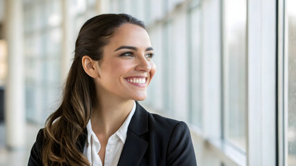 Fototapeta premium Closeup portrait of one confident, smiling businesswoman in a suit