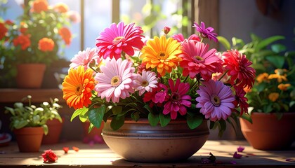 Colorful flowers in a rustic pot by a window
