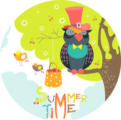 Cute owl wearing a hat sitting on a tree branch