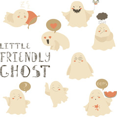 Little friendly hosts emoticon halloween set. Vector collection