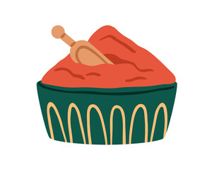 Spice, red paprika powder. Hot chili pepper seasoning pile, heap in bowl with scoop. Aromatic ground condiment, spicy flavor for cooking. Flat vector illustration isolated on white background