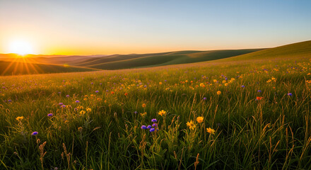 Obraz premium Sunrise Over Rolling Hills A Vista of Wildflowers in Bloom, Capturing the Essence of Summer