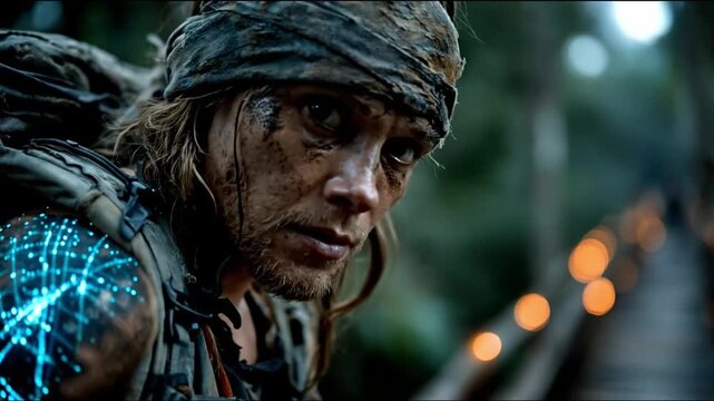 Person with backpack exploring nature with glowing futuristic pattern