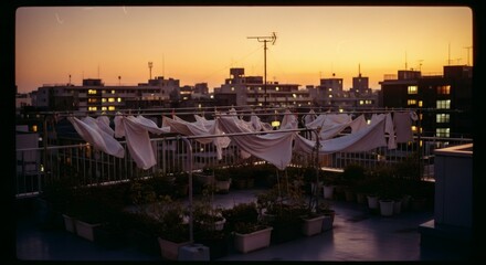 Retro cityscape at dusk with unique canopy structures. Urban 80s-90s nostalgia. Melancholic vibe of a bygone era. VHS aesthetic for vintage travel or architecture design concept.