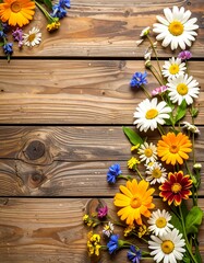 Colorful flowers on rustic wood
