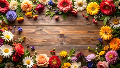 Colorful flowers on a wooden table