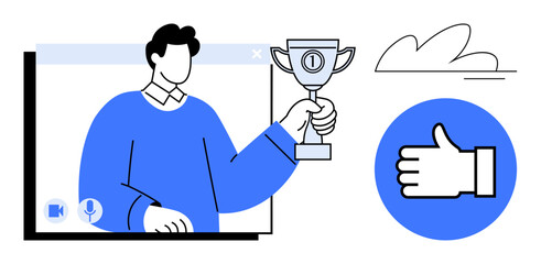 Person holding a trophy during a video call, symbolizing success and recognition, accompanied by a thumbs-up icon. Ideal for achievement, remote work, positive feedback, motivation, recognition