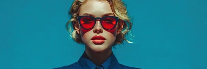A woman in sunglasses with red lenses and blue frames, against a blue background. Close-up portrait