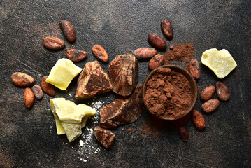 Ingredients for making hot chocolate . Top view with copy space.