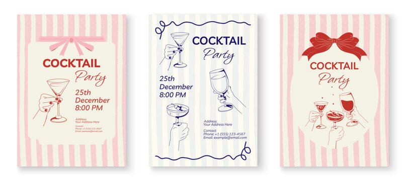 Vector set of cocktail party invitation templates. Minimalistic design with hands holding drinks. Pastel striped background. Copy space. For weddings, hen parties, Christmas, birthdays - Powered by Adobe