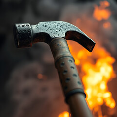 Close-up of sledgehammer against blurry fire and smoke background