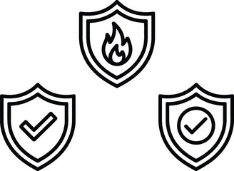 Fototapeta premium Security Shield Icons Set Representing Firewall Protection and Authentication with Fire Symbol and Check Marks in Modern Line Art Design