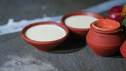 Chaurchan Puja Setup with Clay Pots and Fruits in India