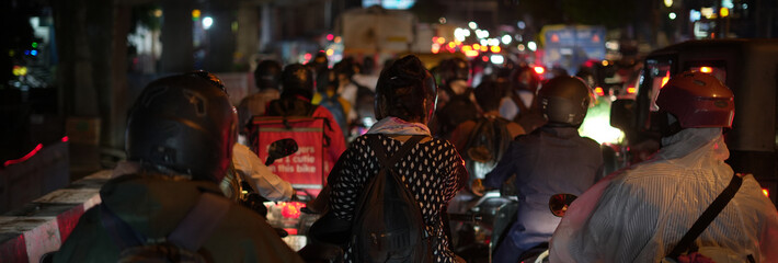 Vehicles and Motorbikes Stuck in Heavy Night Traffic Jam in Delhi