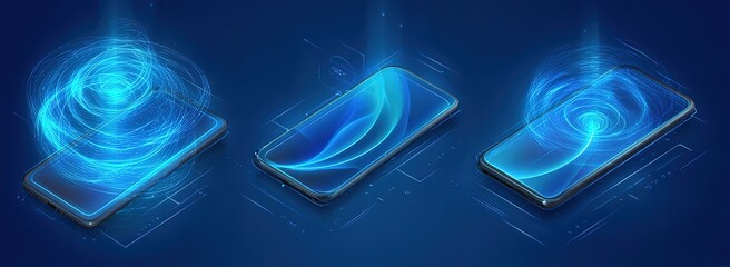 3D vector illustration of three phones on a blue background