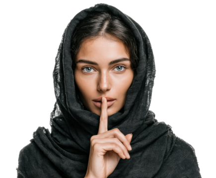 Portrait of silence mystic gesture and expressive calm atmosphere isolated on transparent background
