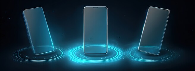 3D vector illustration of three smartphones floating in the air, with glowing blue light effects around them on a solid background