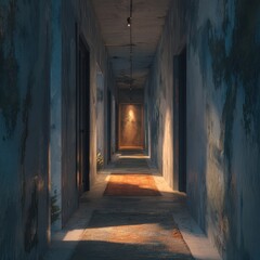 Fototapeta premium Dim Lit Concrete Hallway with Red Rugs and Dark Doors