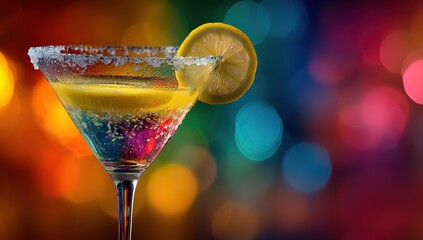 A colorful cocktail in an elegant martini glass, garnished with a lemon or lime twist and salt on the rim of the drink, set against a vibrant rainbow background