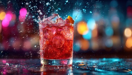 A colorful cocktail being splashed with ice, with an out-of-focus background of the bar counter and neon lights