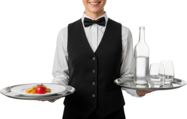 Smiling server in black vest and bow tie holds trays with food and drinks