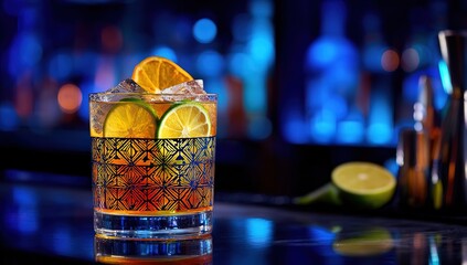 A colorful cocktail in an old-fashioned glass with ice cubes, lemon and lime slices on the rim of the drink, with geometric patterns on it