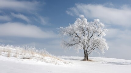 Obraz premium Minimal snowy field with a single frost-covered tree in dramatic winter landscape. Peaceful and serene seasonal nature scene.