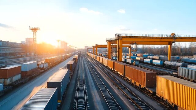 Railway freight yard with multiple cargo trains being loaded by overhead cranes featuring intermodal containers and logistics coordination systems under industrial lighting rail