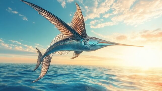 Majestic marlin soars above the ocean surface bathed in the warm glow of the sunrise
