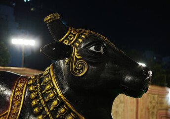 Ornamental Black Bull Head Statue with Golden Decorations